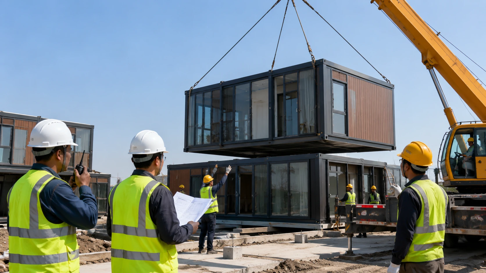 Vista del modulo de vidrio sobre cesped en el proceso del proyecto